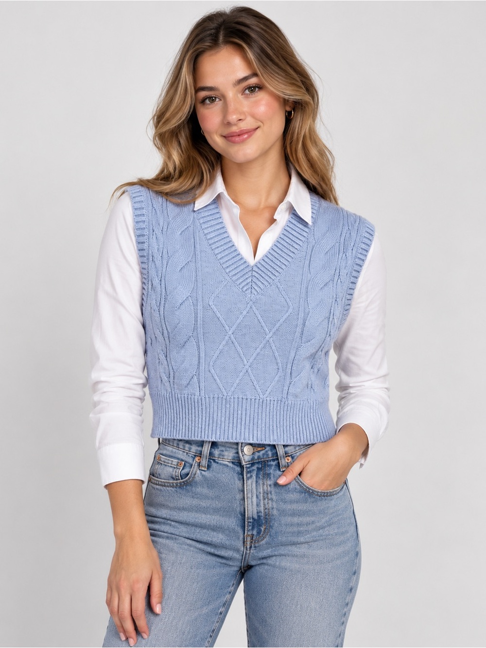 Sincerly Jules Light Blue Cable Knit V-Neck Sweater Vest
